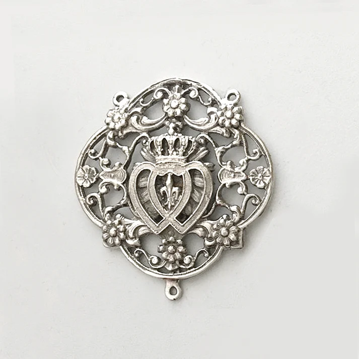 1 1/2" Crowned Twin Hearts Antique Filigree Rosary Center Model CE1263