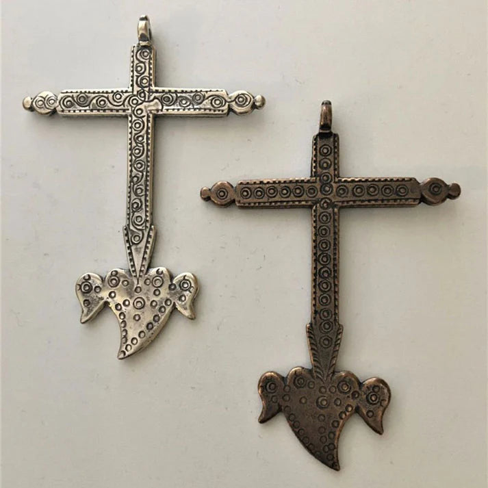 2 3/4" Cross with Heart and Wings Antique Mexican Large Cross Pendant CR083