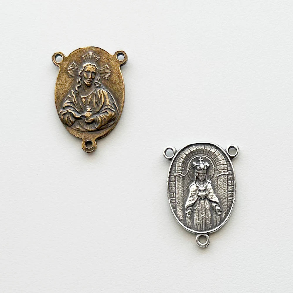 7/8" Twin Hearts Antique Rosary Center Model CE692