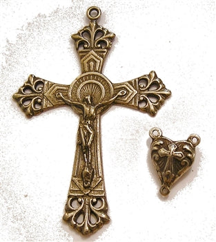 2 1/2" Double Nimbus Art Nouveau Crucifix & Puffy Heart Rosary Parts Set 698-726