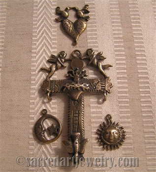 2 3/8" Mexican Yalalag Crucifix with Sun, Moon, Angels & Two Doves Centerpiece Set 06